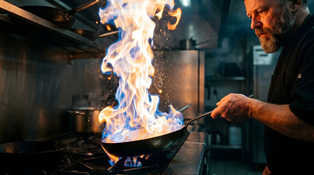 Experienced chef performs flamb&eacute; technique in professional kitchen with sizzling flames and metal tongs