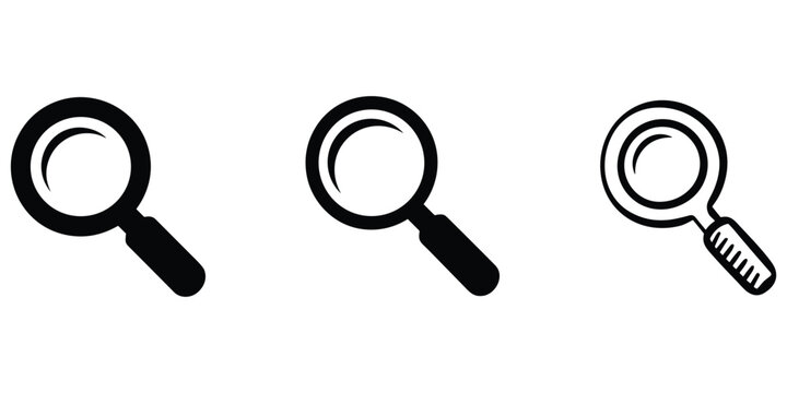 Magnifying glass icon set with black solid and outline styles for search and exploration designs
