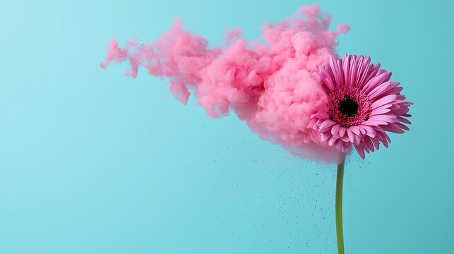 Pink gerbera daisy with colored smoke on blue background.