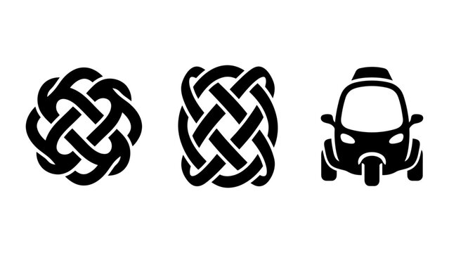 Collection showing two intricate celtic knot patterns front view small three-wheeled vehicle or microcar on background