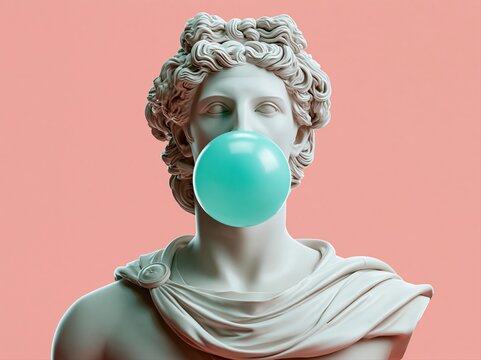 Classical sculpture blowing a turquoise bubblegum bubble against a pink background