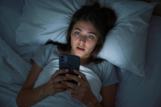 Woman lies in bed, holding phone at night. Her eyes glow from screen light, wide with surprise. She's tucked under white sheets, head on pillow. Dark room emphasizes her alert, distracted gaze
