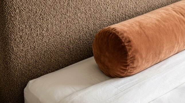 Close-up of a rust terracotta velvet bolster cushion against a textured boucle headboard and white bedding. Warm minimalist bedroom textile detail