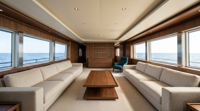 Spacious yacht saloon with cream sofas, walnut paneling and floor-to-ceiling windows overlooking the open sea. Luxury superyacht interior design