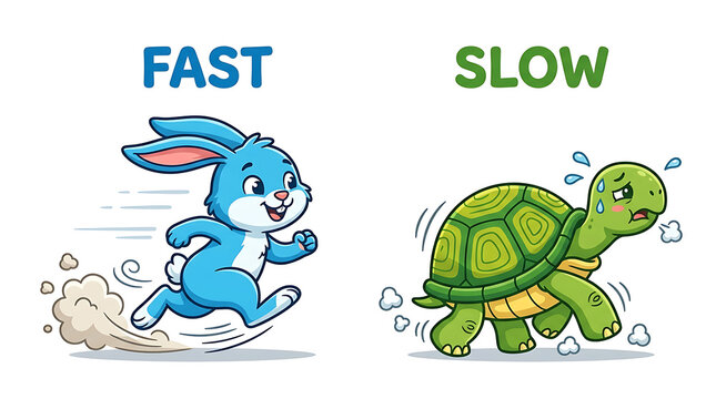Cute Cartoon Illustration of a Fast Running Blue Rabbit and a Slow Walking Green Tortoise