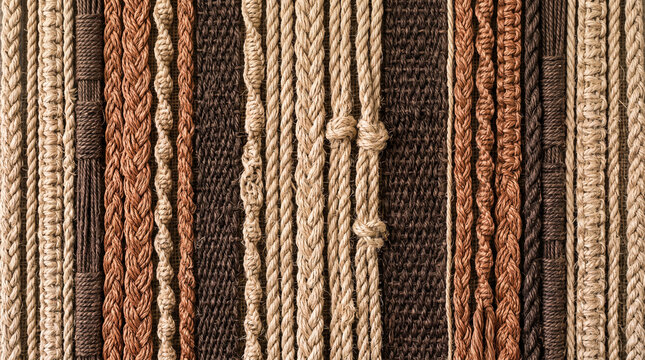 Vertical macrame wall hanging with textured brown and beige rope strands