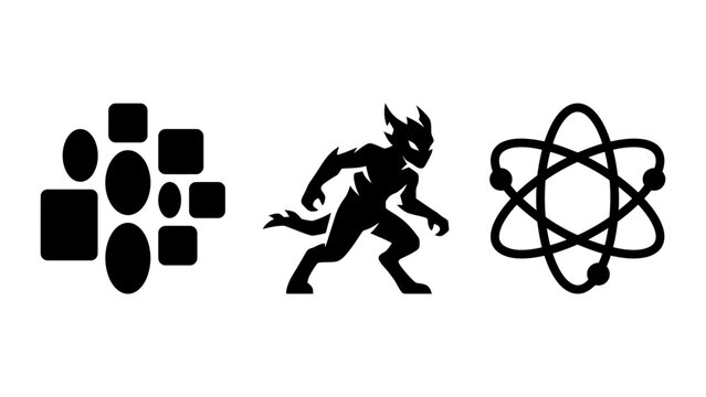 Featuring collection squares ovals, mythical creature silhouette, an atom symbol on plain background, for use