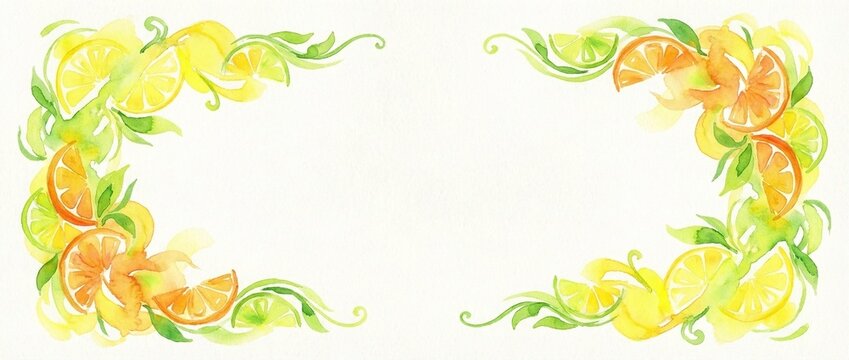 Watercolor citrus fruits and green leaves forming decorative corner borders with yellow lemons and oranges, creating an elegant frame