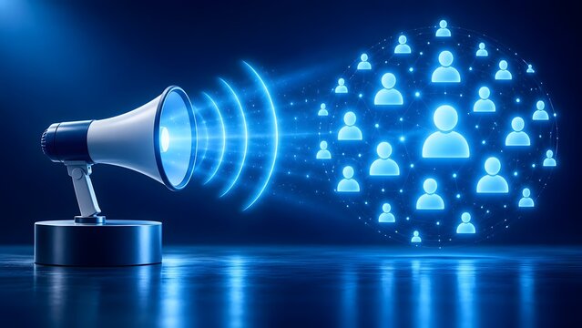 Megaphone broadcasting glowing blue sound waves toward digital global network sphere of people for telecommunications and worldwide marketing concept