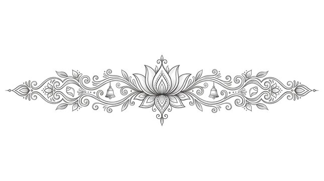 Decorative lotus flower line border with bells and floral ornaments