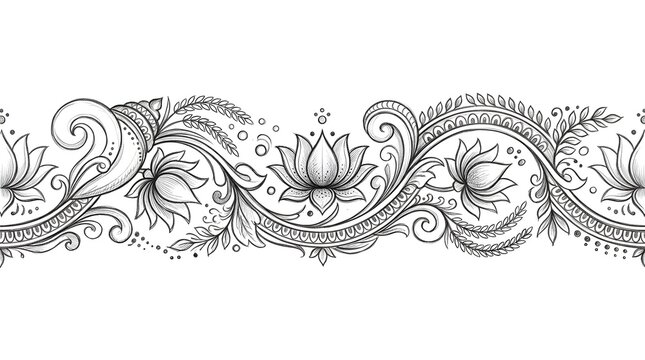 Seamless border with hand drawn lotus flowers and floral swirls