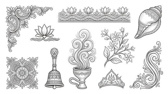 Set of hand drawn indian traditional cultural symbols and ornaments