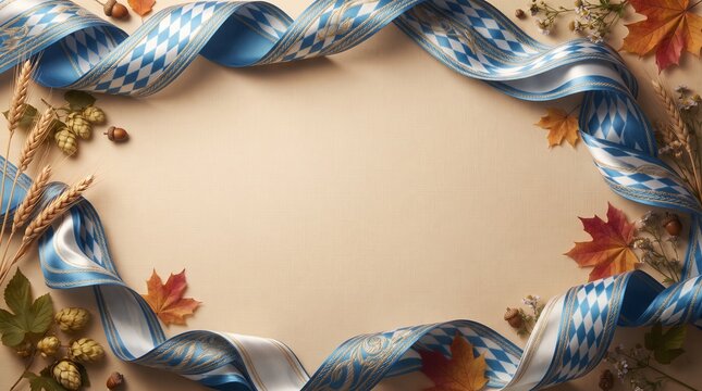 Blue and white checkered ribbon frame with autumn leaves wheat and hops on beige background with festive border composed decorated autumn maple