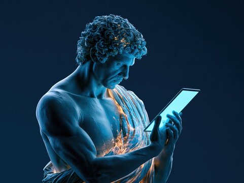 Ancient statue of a man with curly hair using a glowing tablet