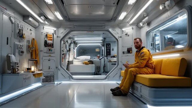 Futuristic Space Habitat Interior: A lone astronaut in a bright yellow suit sits on a minimalist sofa within a clean, modern spaceship cabin, gazing thoughtfully into the distance.