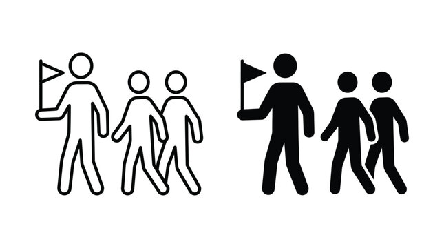 People icon vector illustration in outline and solid style representing a group of walking figures with a flag