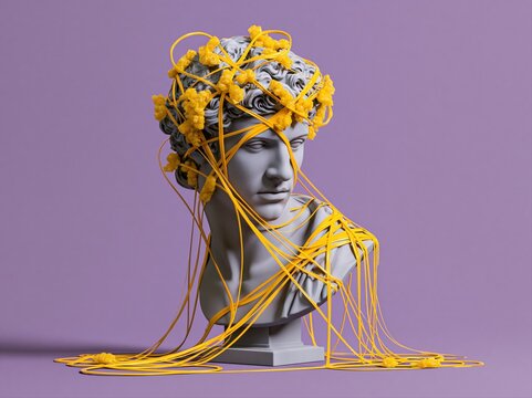 Classical bust entangled with yellow abstract shapes and strings