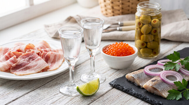 Clear vodka glasses with lime cured meats fish pickles and caviar on wooden tabletop with National Vodka Day October 4 crackers rustic wooden surface Food Beverage Arrangement