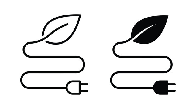 Eco power cord vector icon set featuring leaf and electric plug outlines for green energy concept