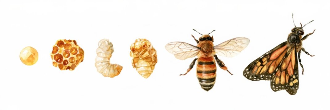 The lifecycle of a honeybee from egg to larva, pupa, and adult worker bee against a white background.