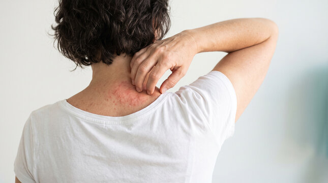Person scratching neck with visible red skin rash on back of neck in light indoor setting with World Urticaria Day October 1 Adult hand touching neck