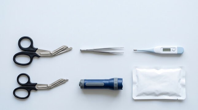 First aid emergency kit tools on white background including bandage scissors tweezers thermometer flashlight and cold pack