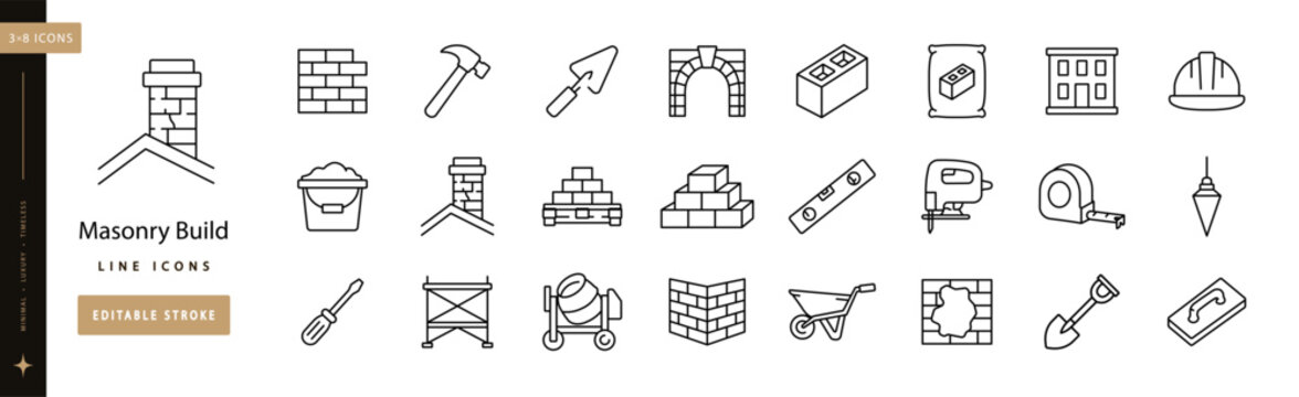 Masonry Build Lines. Line icon set of bricks and masonry: brick wall, hammer, trowel, arch, block, cement bag, mortar bucket, chimney, pallet, brick stack, level, masonry saw, scaffold, editable