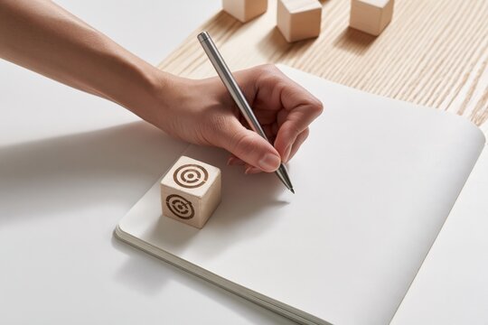 Hand Writing Business Goals and Strategic Plans in Notebook with Wooden Blocks on Desk
