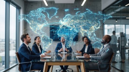 Obraz premium Smiling diverse business team meeting in modern boardroom with glowing holographic world map hologram showing global network