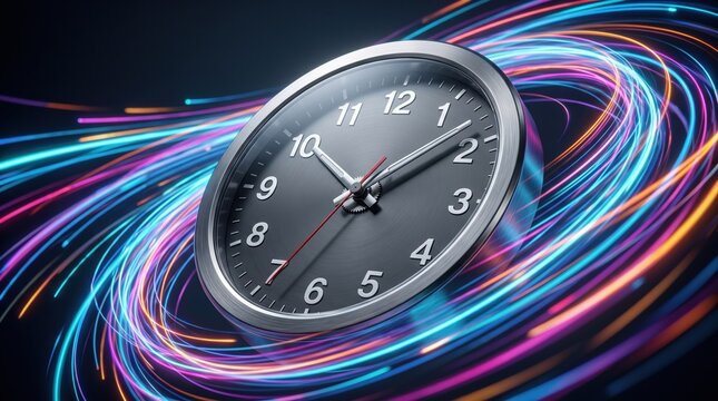 Dynamic wall clock surrounded by glowing neon light streaks conceptualizing fast moving time speed and time travel