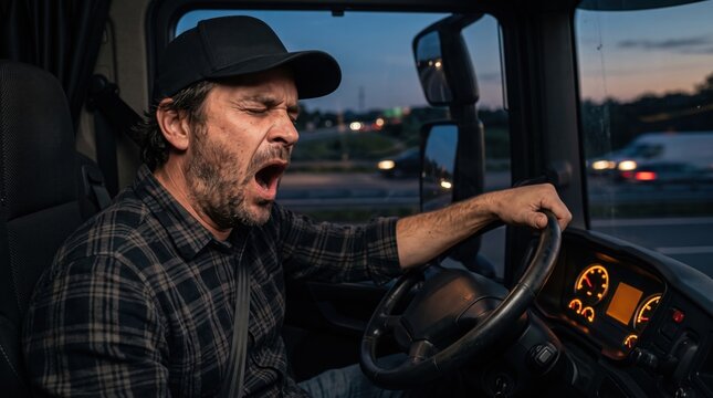 Tired male truck driver yawning while driving semi truck on highway at night showing fatigue