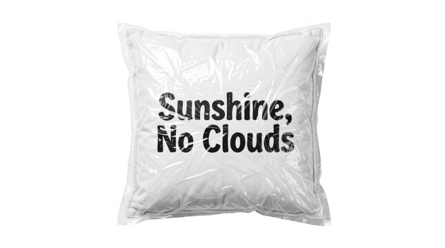 White square pillow in plastic packaging with sunshine, no clouds text isolated on transparent background