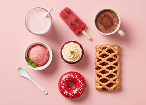 Top view flat lay of various pink and red sweet desserts pastry and drinks on a pink background