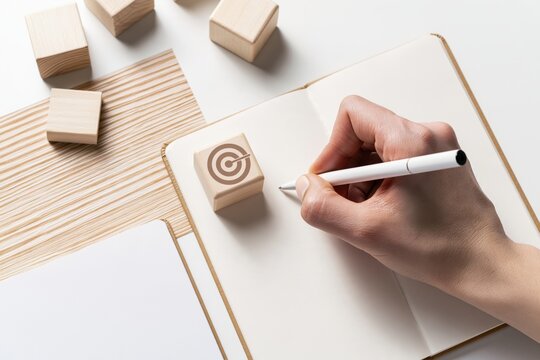 Hand Writing Business Goals and Strategic Plans in Notebook with Wooden Blocks on Desk
