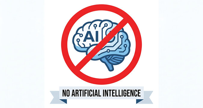 Prohibition sign showing a circuit brain crossed out with a no artificial intelligence banner