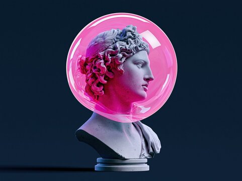 Classical sculpture bust encased in a vibrant pink bubble against a dark background