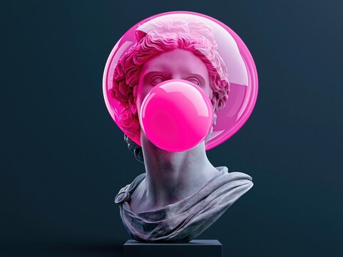Ancient bust with pink bubble gum trapped in a clear sphere