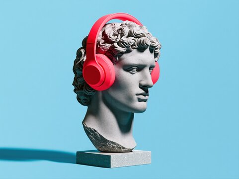 Classical sculpture bust wearing modern pink headphones against a blue background