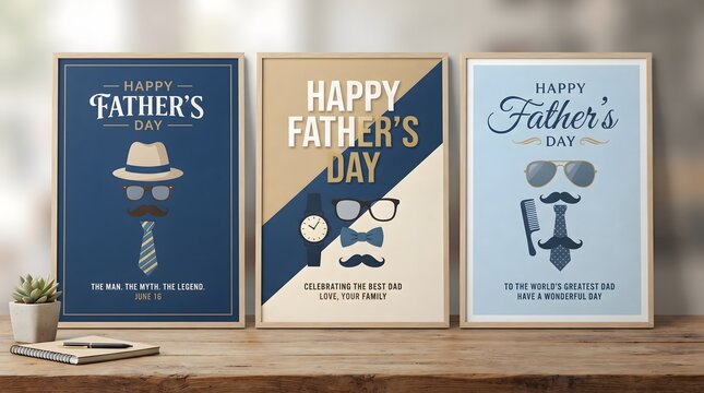 Happy Father&rsquo;s Day poster templates set with hat, glasses and tie