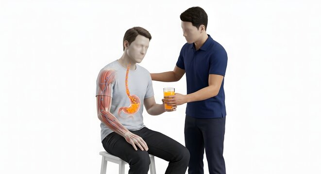 3D Scientific Render of Hypoglycemia First Aid: Glucose Absorption from a Sugary Drink into the Bloodstream