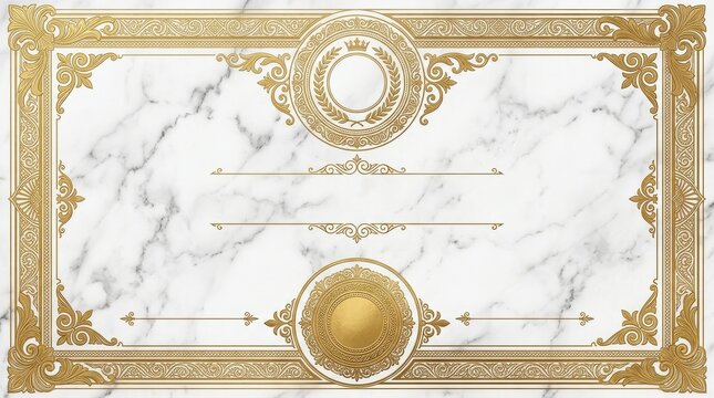 Elegant golden frame border on white marble background