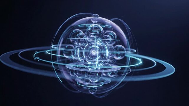Abstract 3D digital model of an atom with orbiting electron rings against a dark blue background