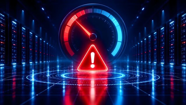 Futuristic server room data center with glowing red warning sign and gauge indicating system overload network bandwidth bottleneck and cyber security alert