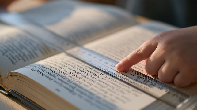Close-up of a reading ruler placed under a line of text in a chapter book, child's small finger anchoring it, reading tool for tracking focus, learning support strategy, early