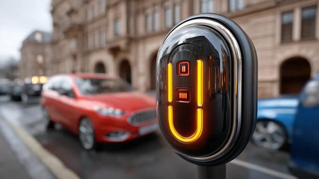 Smart City Parking Meter: A modern, illuminated parking meter stands on a city street, with blurred cars and buildings in the background, symbolizing urban convenience and technology.