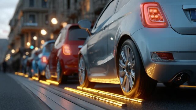 Urban Traffic Jam: A line of modern cars stalled in a traffic jam on a city street at dusk, with glowing streetlights and a sense of urban congestion.
