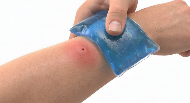First Aid Medical 3D Render: Applying a Cold Gel Ice Pack to a Red Swollen Wasp Sting on Human Arm Isolated on White
