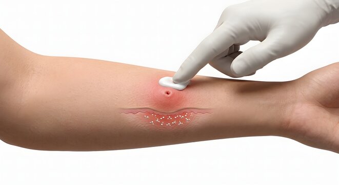 3D Medical Illustration: Applying Antiseptic Ointment to an Inflamed Insect Bite with Sub-dermal View