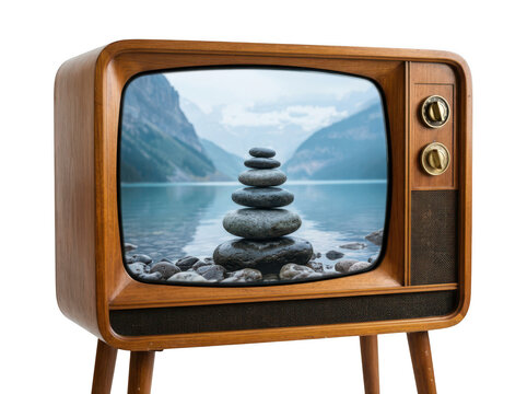 Vintage television set displaying a zen stone stack on a lake isolated on transparent background