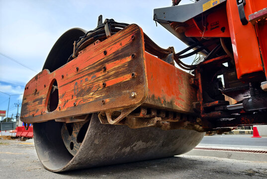 Large road roller during road repair works